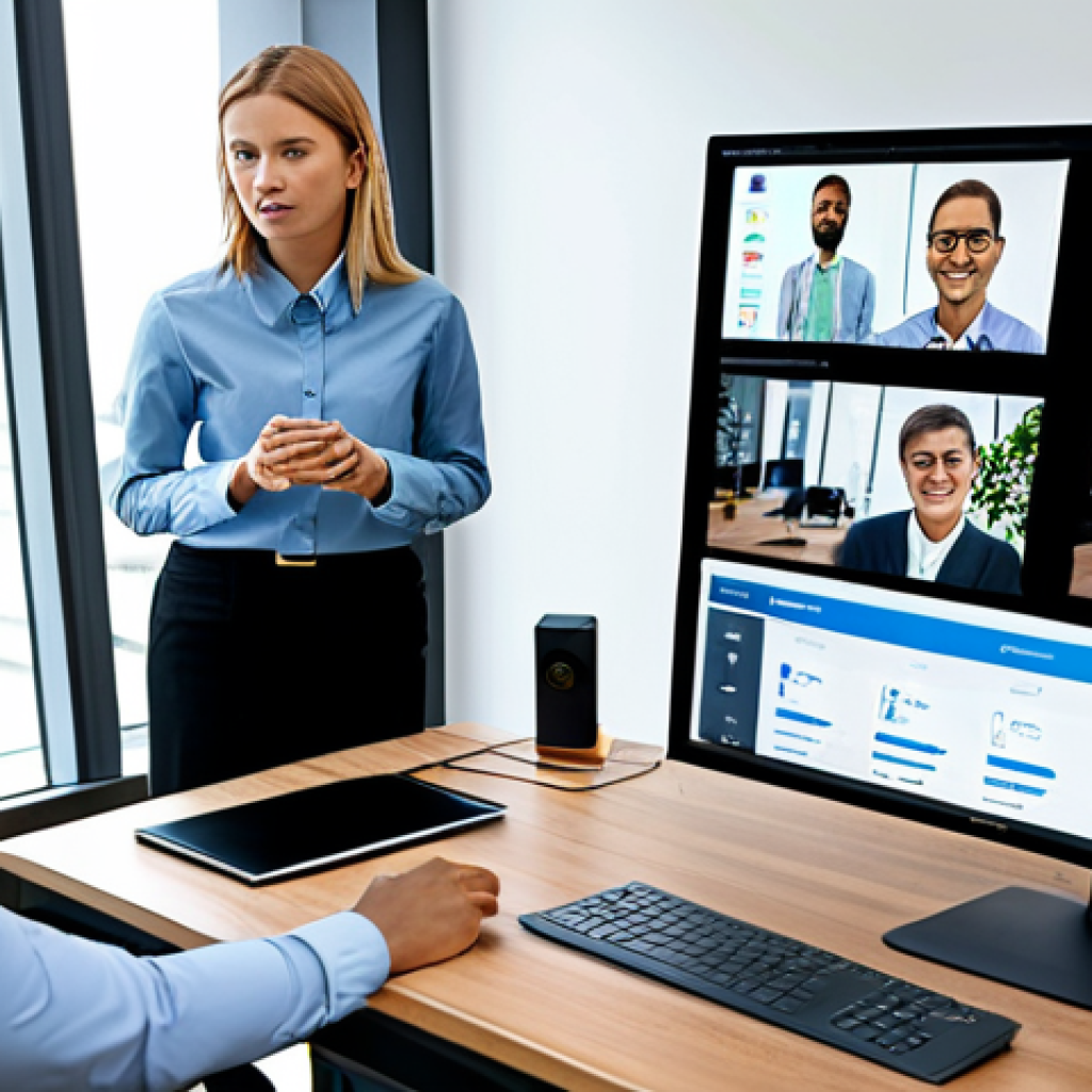 A diverse group of professionals engaged in hybrid work, with some in a modern, well-lit home office setup utilizing AI-powered collaboration tools on a sleek laptop, and others in a contemporary office setting with large screens displaying remote team members. They are focused on tasks, communicating effectively. The scene emphasizes seamless integration of technology for productivity and personalized work environments. All subjects are fully clothed in appropriate business casual attire, exhibiting modest clothing and professional dress. The image should feature perfect anatomy, correct proportions, well-formed hands, proper finger count, and natural body proportions, ensuring a natural pose. This is a high-quality, professional photograph, safe for work and appropriate content, depicting a family-friendly environment.