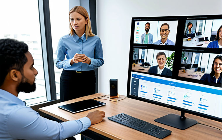 A diverse group of professionals engaged in hybrid work, with some in a modern, well-lit home office setup utilizing AI-powered collaboration tools on a sleek laptop, and others in a contemporary office setting with large screens displaying remote team members. They are focused on tasks, communicating effectively. The scene emphasizes seamless integration of technology for productivity and personalized work environments. All subjects are fully clothed in appropriate business casual attire, exhibiting modest clothing and professional dress. The image should feature perfect anatomy, correct proportions, well-formed hands, proper finger count, and natural body proportions, ensuring a natural pose. This is a high-quality, professional photograph, safe for work and appropriate content, depicting a family-friendly environment.